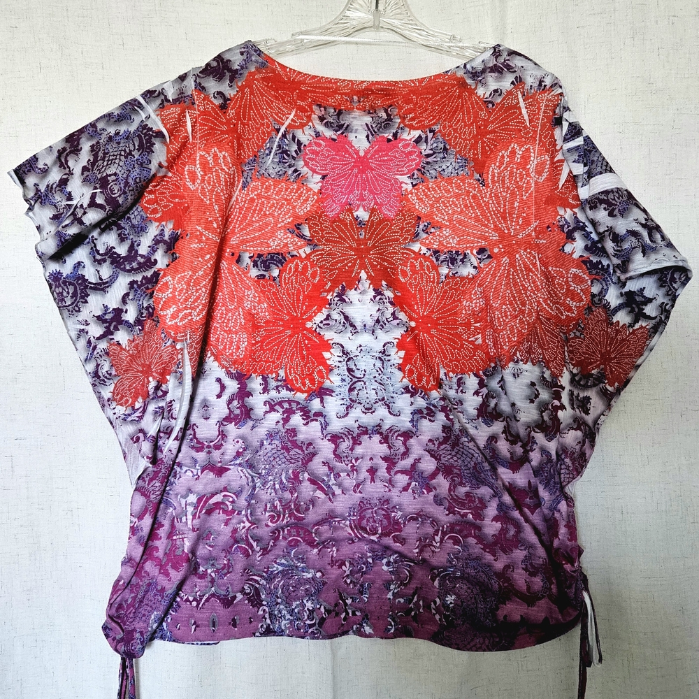 One World Floral Ombre Dolman Sleeve Studded Plus Size Top Red & Purple 1X